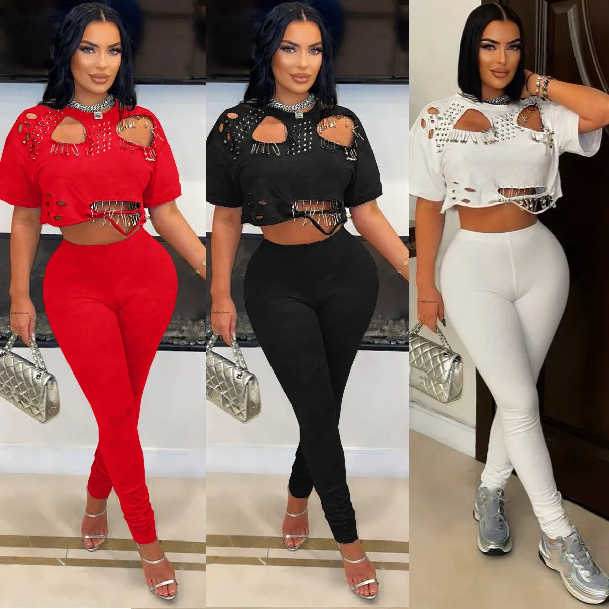 Joskaa Elegant 2 Piece Set Women Sexy Hollow Pin Short Sleeve Crop Tops and Pencil Pants Matching 2025 Summer Party Club Outfits