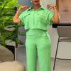 Women's Two Piece Sets Spring Summer Casual Solid Turn-down Neck Short Sleeve Loose Top & Wide Leg Pants Set  Streetwear Outfits