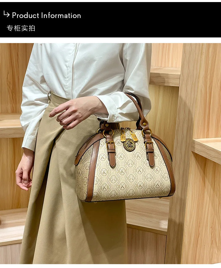 Khaki Retro Leather Women's Handbag Fashion Geometric Floral Girls Shoulder Bag Hundred Splicing Color Collision Girls Crossbody