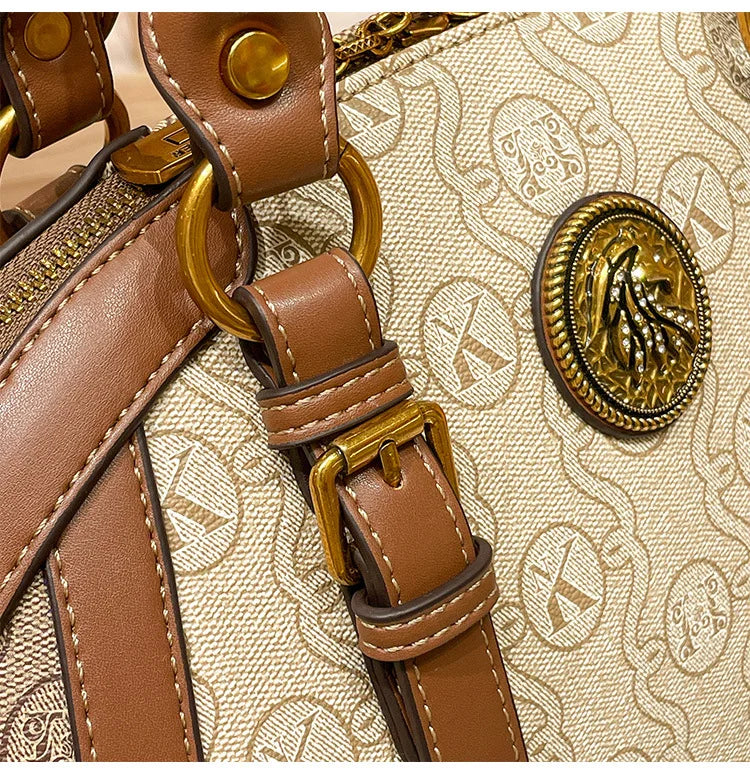 Khaki Retro Leather Women's Handbag Fashion Geometric Floral Girls Shoulder Bag Hundred Splicing Color Collision Girls Crossbody