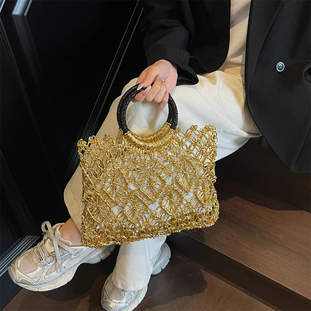 MOODS Handmade Woven Design Round Handle Handbags For Women Eco-friendly Craft Paper Hollow-out Luxury Designer Top-handle Bags