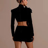 Sexy Long Sleeves Bandage 2-Piece Sets Women Turtleneck Shiny Diamonds Flower Top + Bodycon Mini  Skirts Suits Evening Party Set