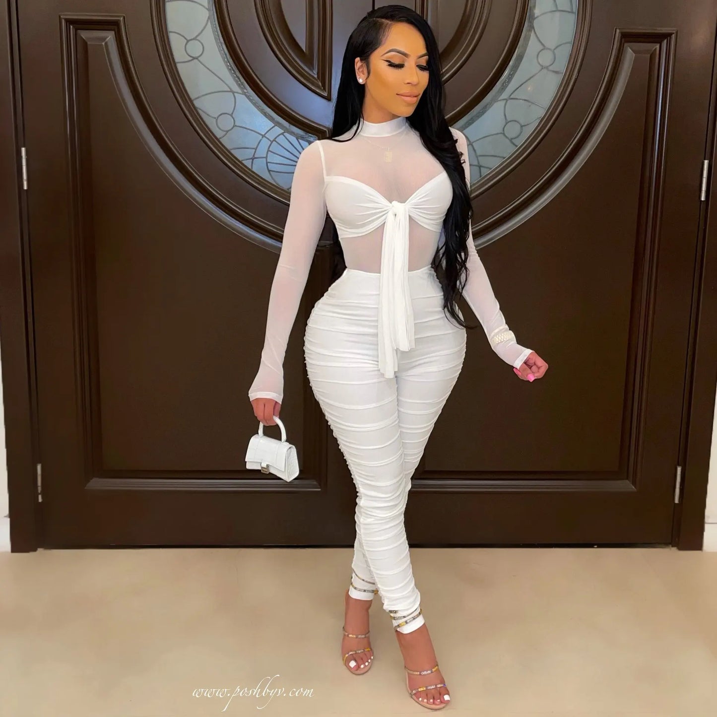 Sexy Mesh Patchwork Jumpsuits for Women Elegant Long Sleeve Bandage One Piece Party Long Bodysuit