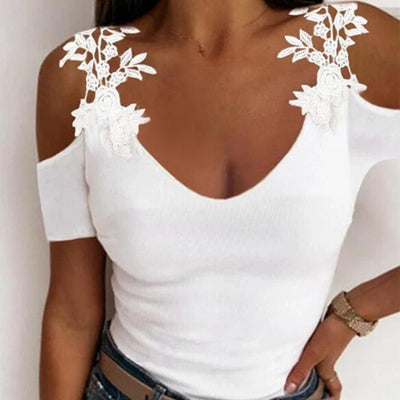 Lace Hollow Off Shoulder Short Sleeve Women V-Neck Sexy T-Shirts Solid  Slim Female Summer Casual Tops Tee Tunic