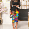 2024Spring Summer Women 3PCS Crop Top & Shorts Set with Tropical Print Sheer Mesh Bodycon Dress Sexy Lady Three Piece Dress Set