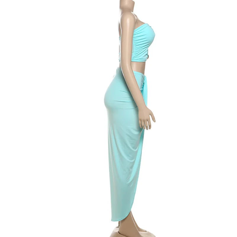 VEITCHE Summer Women Hollow Metal Buckle 2 Piece Skirt Sets Sexy Ruche Tops And Split Maxi Skirt Matching Clubwear Outfits