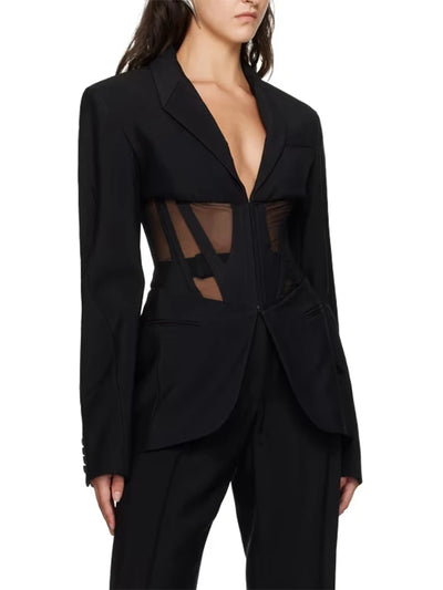 VGH Solid Patchwork Sheer Mesh Tunic Blazers For Women Notched Collar Long Sleeve Spliced Pockets Slimming Blazer Female Style