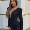 Mozision Deep V Neck Long Sleeve Skinny Jumpsuits Women Rompers Elegant Black High Waist Ruched Slim Sexy Jumpsuit Outfits