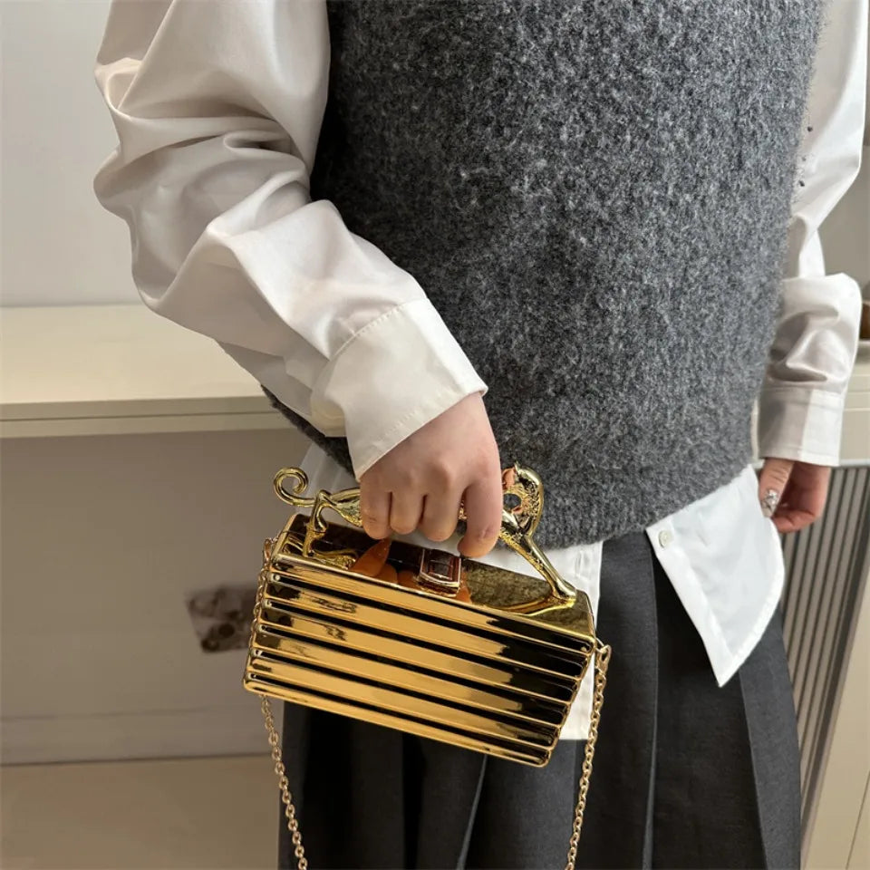Leopard handle Luxury Gold Silver Party Evening Bag For Women Chain Clutch Handbags And Purses Mini Crossbody Shoulder Phone Bag