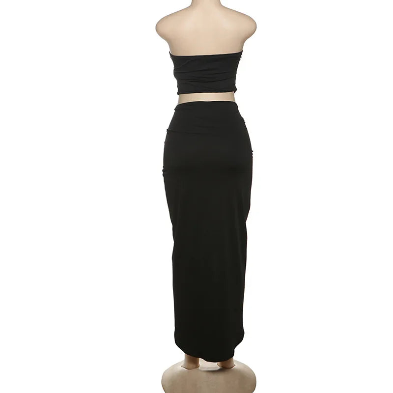 VEITCHE Summer Women Hollow Metal Buckle 2 Piece Skirt Sets Sexy Ruche Tops And Split Maxi Skirt Matching Clubwear Outfits