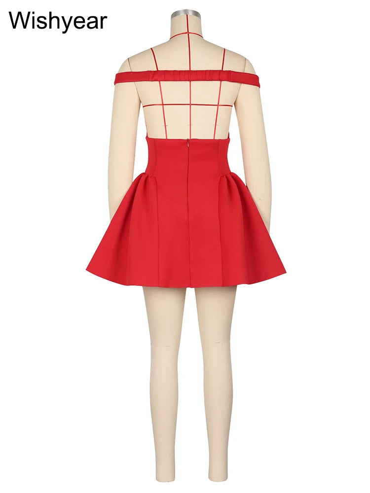 Fashion Halter A-line Deep V Off Shoulder Backless Birthday Women Red Mini Dress Sleeveless Ruched Princess Party Bodycon Robe