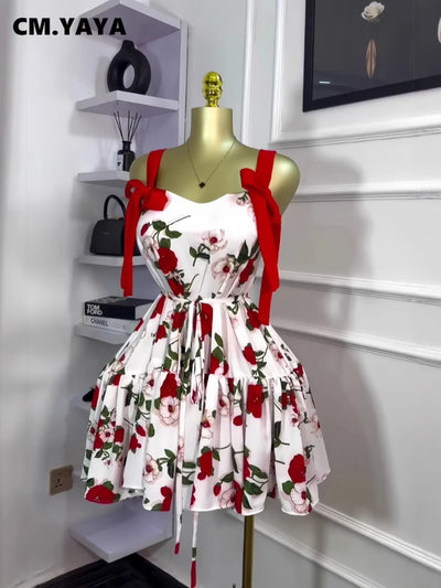 CM.YAYA Women Floral Printed Flare Sleeveless Bow Strap Belt Mini Dress 2025 Evening Sexy Beach Party Birthday Street Dresses