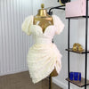 CM.YAYA Summer Women Lantern Short Sleeve Side Split Ruched Midi Mini Dress 2025 Fashion Sexy Night Club Party Dresses Vestidos