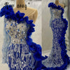 Sparkly Silver Beaded Royal Blue Evening Dress With Side Ruffles Elegant Single Sleeve Mermaid Wedding Party Gowns Vestido De