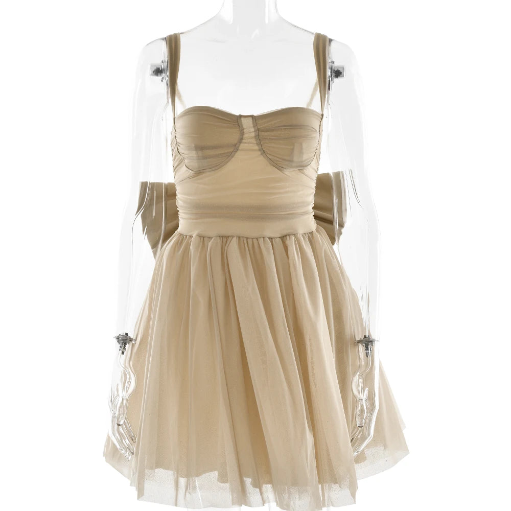 Fantoye Glitter Bright Silk Sparkling Bow Women Dress Apricot Spaghetti Strap Mini Dress Female Spring Slim Elegant Party Dress