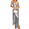 Glitter Metal Sequins Halter Cowl Neck Open Back Slit Evening Gown for Women Sparkling Rave Nightclub Bodycon Long Dress