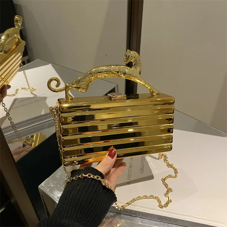 Leopard handle Luxury Gold Silver Party Evening Bag For Women Chain Clutch Handbags And Purses Mini Crossbody Shoulder Phone Bag