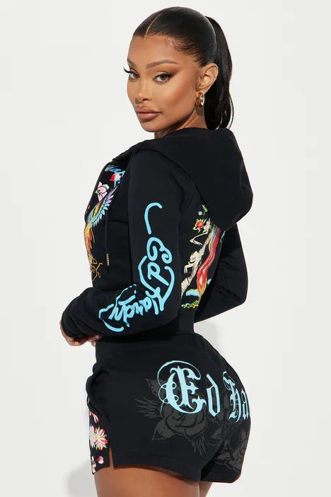 Sifreyr Street Printed Fashionable Casual Versatile Shorts Set Hooided Long Sleeved Zipper Cardigan Jacket High Waist Suit