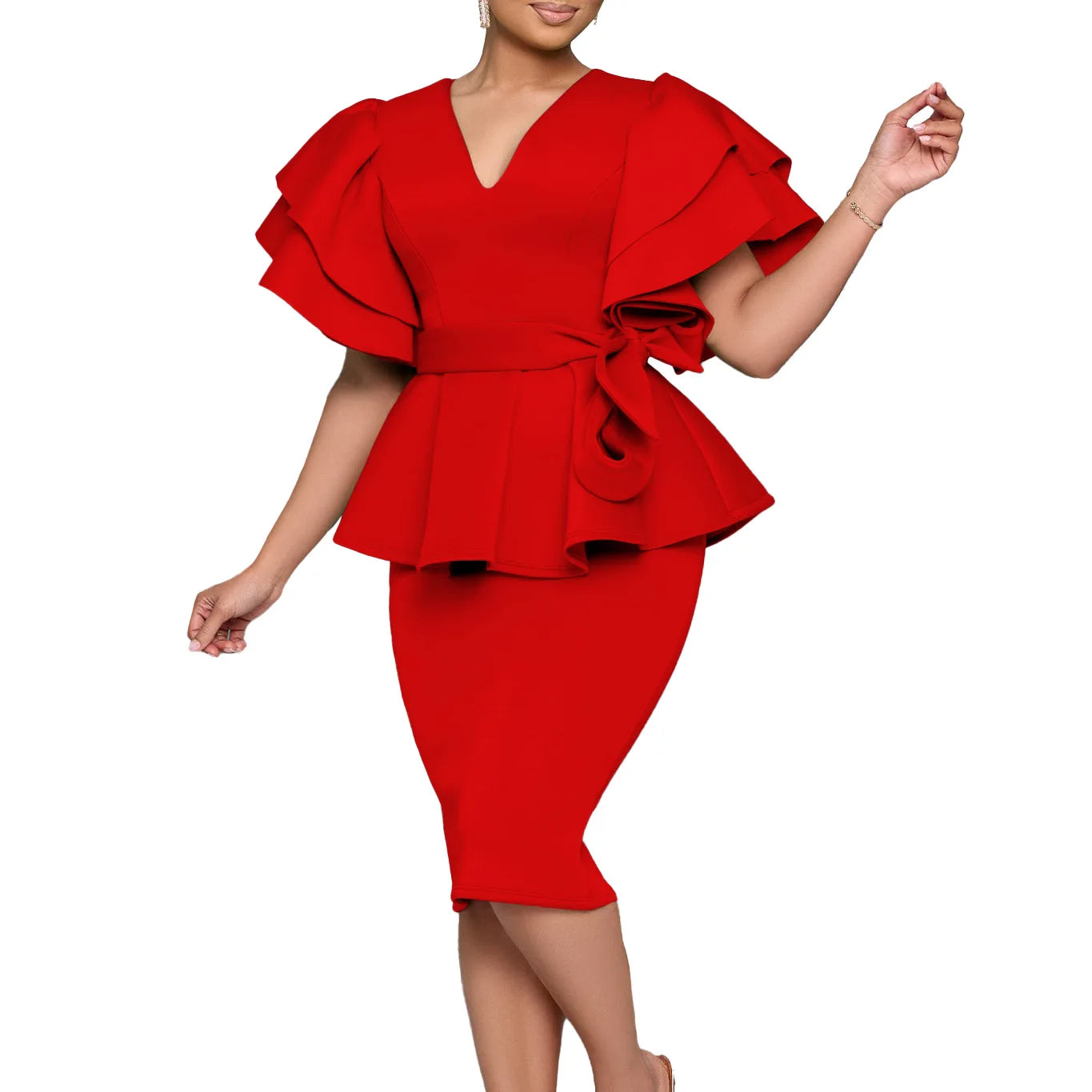 CM.YAYA Women Short Sleeve V-neck Belt High Waist Midi Dress 2025 Summer Africa OL Work Evening Sexy Party Dresses Vestidos