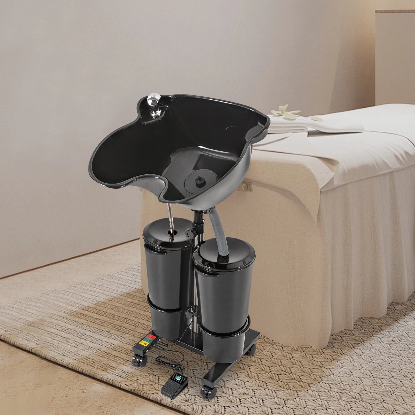 Portable Shampoo Basin with 2 Water Buckets 30cm Deep Salon Hair Washing Sink Adjustable Height Angle Mobile Shampoo Bowl Unit