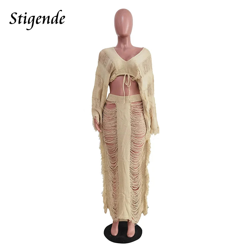 Women Summer Beach 2 Piece Skirt Set Long Sleeve Crop Top and Maxi Skirt Crochet Swimwear Fringe Tassel Hollow Out Loose Outfits